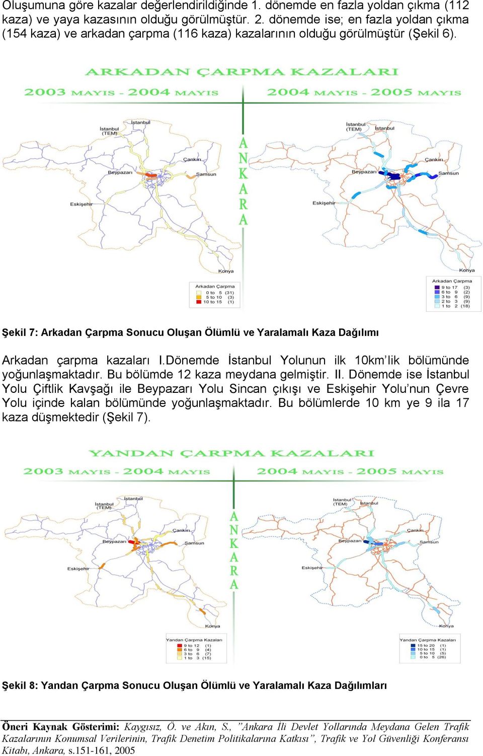 Şekil 7: Arkadan Çarpma Sonucu Oluşan Ölümlü ve Yaralamalı Kaza Dağılımı Arkadan çarpma kazaları I.Dönemde İstanbul Yolunun ilk 10km lik bölümünde yoğunlaşmaktadır.