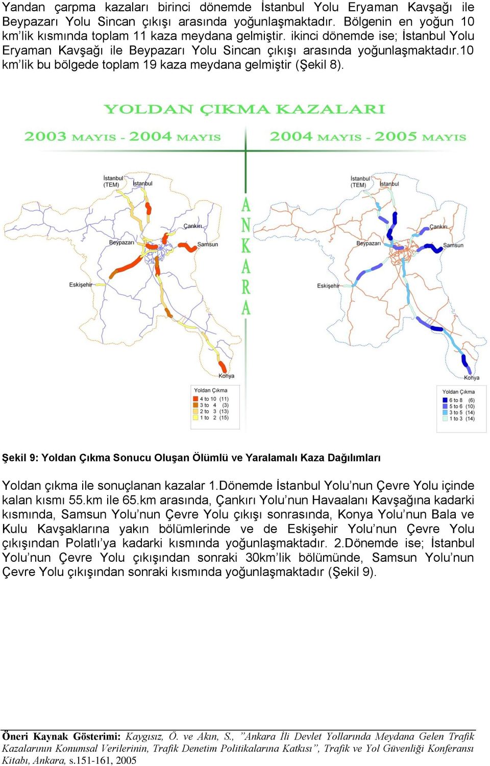 Şekil 9: Yoldan Çıkma Sonucu Oluşan Ölümlü ve Yaralamalı Kaza Dağılımları Yoldan çıkma ile sonuçlanan kazalar 1.Dönemde İstanbul Yolu nun Çevre Yolu içinde kalan kısmı 55.km ile 65.