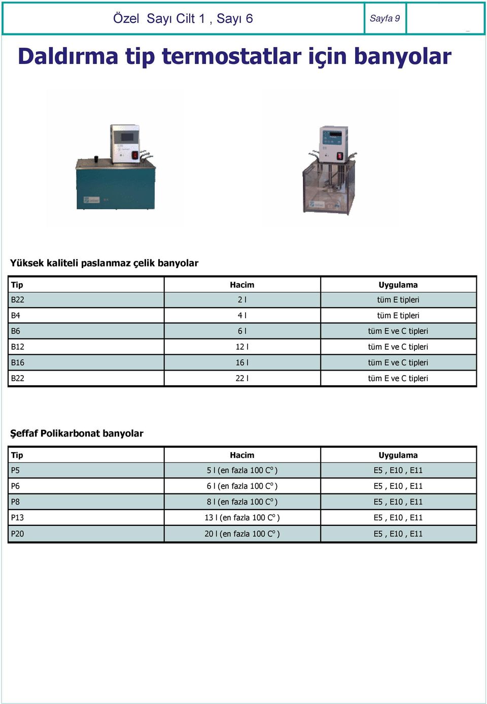tüm E ve C tipleri Şeffaf Polikarbonat banyolar Tip Hacim Uygulama P5 5 l (en fazla 100 C o ) E5, E10, E11 P6 6 l (en fazla 100 C o )
