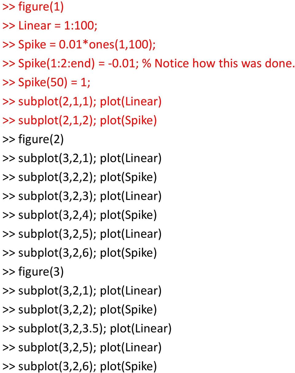subplot(3,2,2); plot(spike) >> subplot(3,2,3); plot(linear) >> subplot(3,2,4); plot(spike) >> subplot(3,2,5); plot(linear) >> subplot(3,2,6);