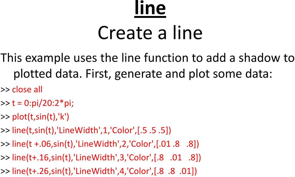 line(t,sin(t),'linewidth',1,'color',[.5.5.5]) >> line(t +.06,sin(t),'LineWidth',2,'Color',[.01.8.