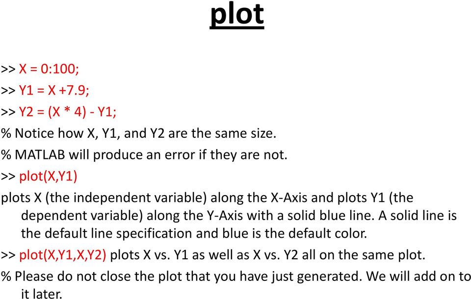 >> plot(x,y1) plots X (the independent variable) along the X-Axis and plots Y1 (the dependent variable) along the Y-Axis with a solid