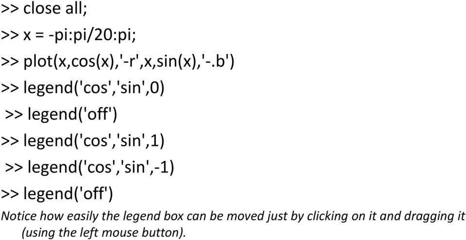 legend('cos','sin',-1) >> legend('off') Notice how easily the legend box