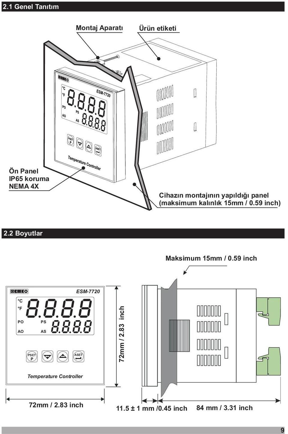 2 Boyutlar Maksimum 15mm / 0.59 inch ESM-7720 O S 72mm / 2.