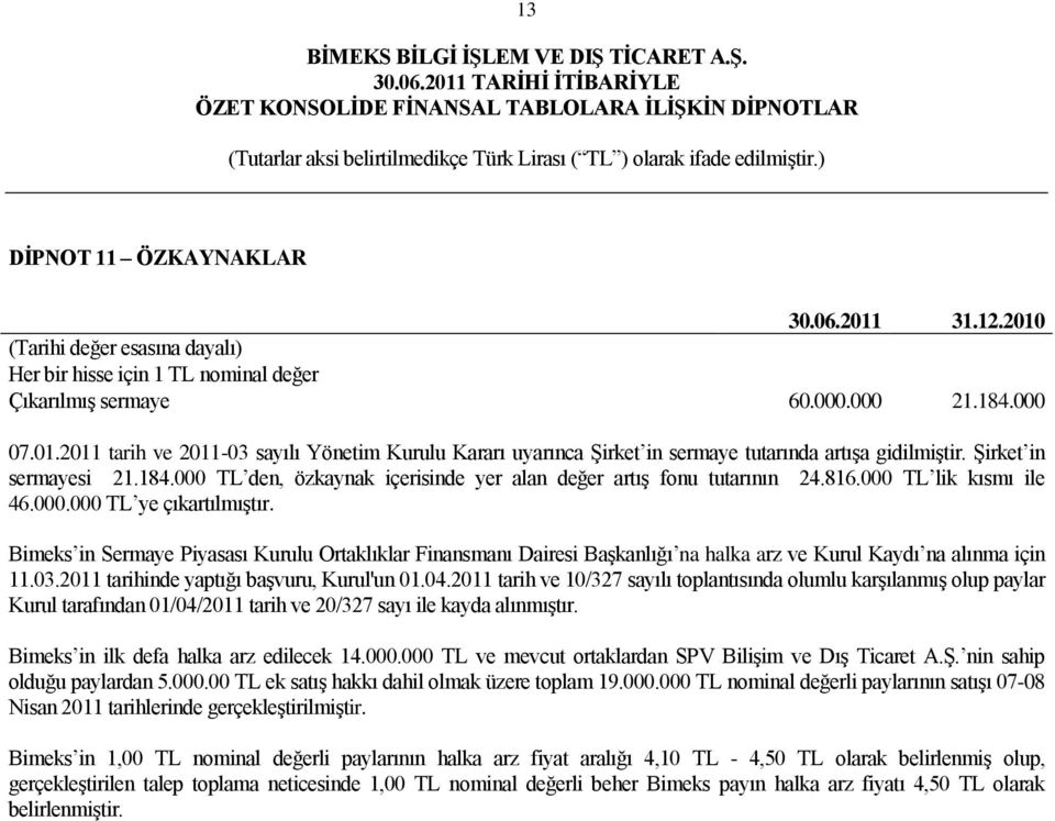 Bimeks in Sermaye Piyasası Kurulu Ortaklıklar Finansmanı Dairesi BaĢkanlığı na halka arz ve Kurul Kaydı na alınma için 11.03.2011 tarihinde yaptığı baģvuru, Kurul'un 01.04.