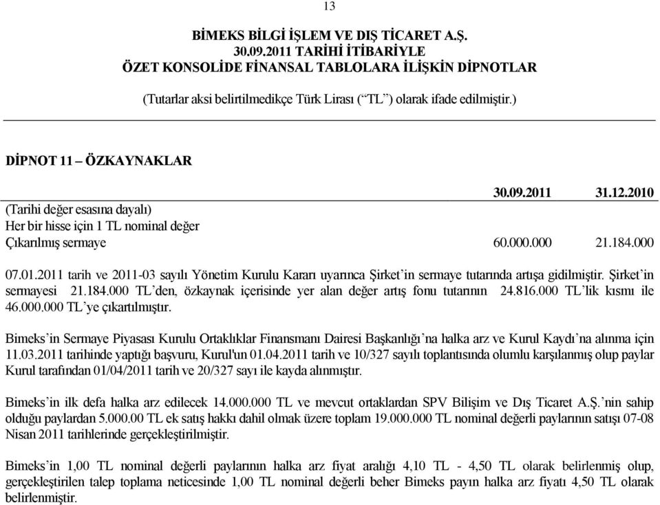 Bimeks in Sermaye Piyasası Kurulu Ortaklıklar Finansmanı Dairesi BaĢkanlığı na halka arz ve Kurul Kaydı na alınma için 11.03.2011 tarihinde yaptığı baģvuru, Kurul'un 01.04.