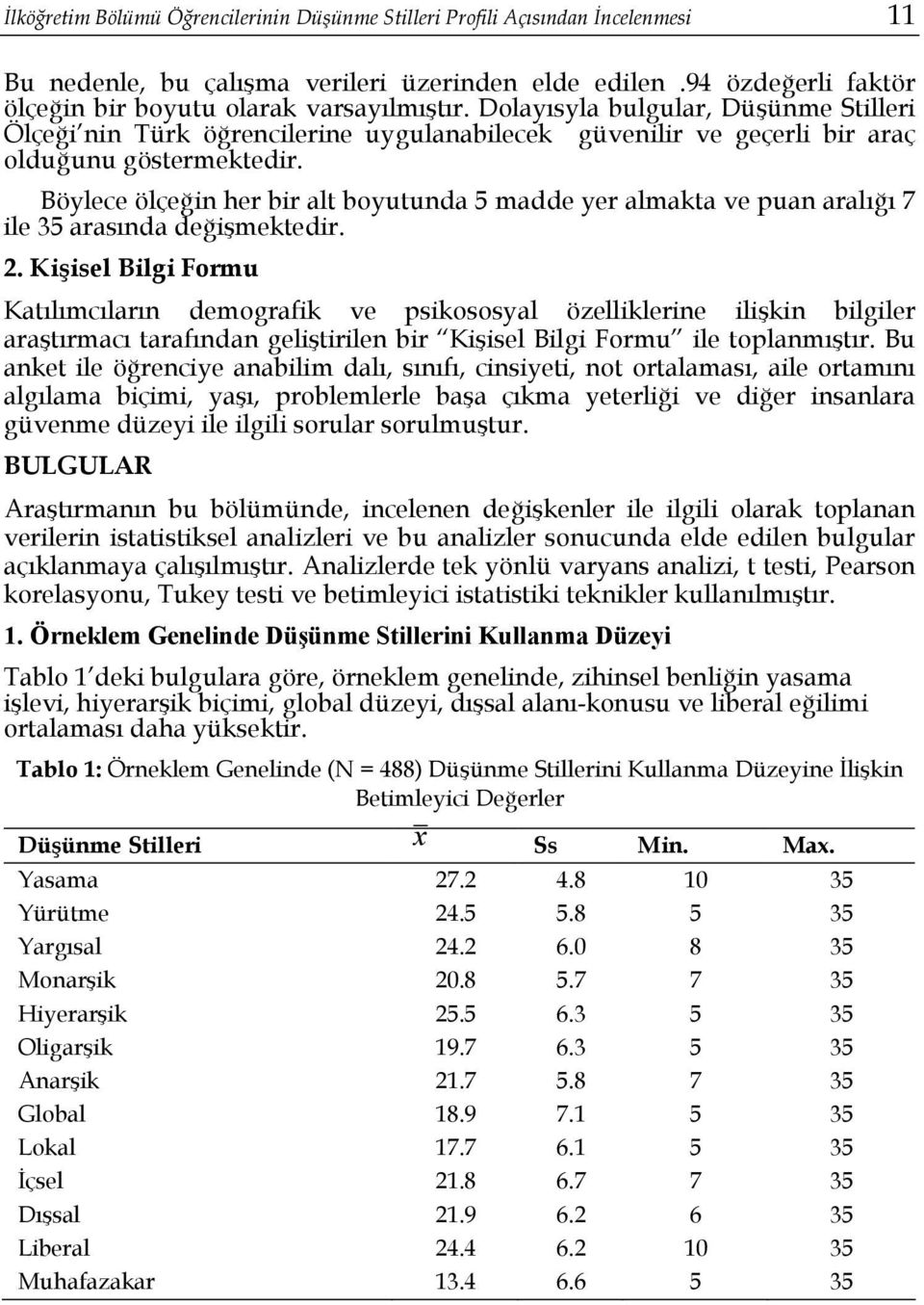 Böylece ölçeğin her bir alt boyutunda 5 madde yer almakta ve puan aralığı 7 ile 35 arasında değişmektedir. 2.