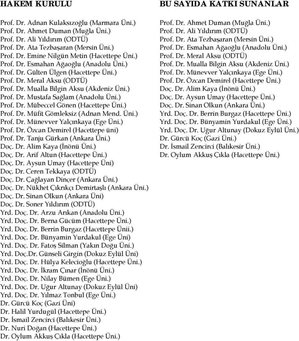) Prof. Dr. Müfit Gömleksiz (Adnan Mend. Üni.) Prof. Dr. Münevver Yalçınkaya (Ege Üni.) Prof. Dr. Özcan Demirel (Hacettepe üni) Prof. Dr. Tanju Gürkan (Ankara Üni.) Doç. Dr. Alim Kaya (İnönü Üni.