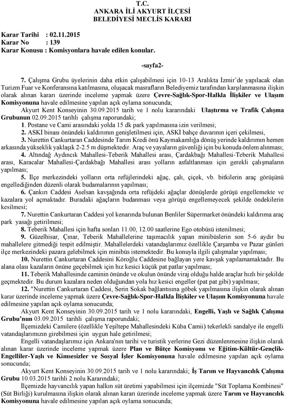 ilişkin olarak alınan kararı üzerinde inceleme yapmak üzere Çevre-Sağlık-Spor-Halkla İlişkiler ve Ulaşım Komisyonuna havale edilmesine yapılan açık oylama Akyurt Kent Konseyinin 30.09.