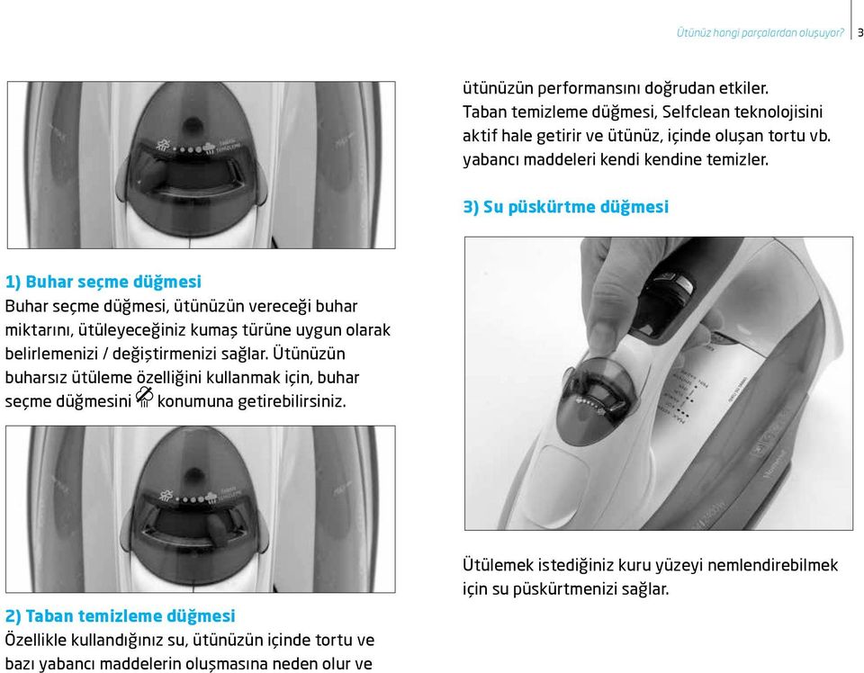 3) Su püskürtme düğmesi 1) Buhar seçme düğmesi Buhar seçme düğmesi, ütünüzün vereceği buhar miktarını, ütüleyeceğiniz kumaş türüne uygun olarak belirlemenizi / değiştirmenizi