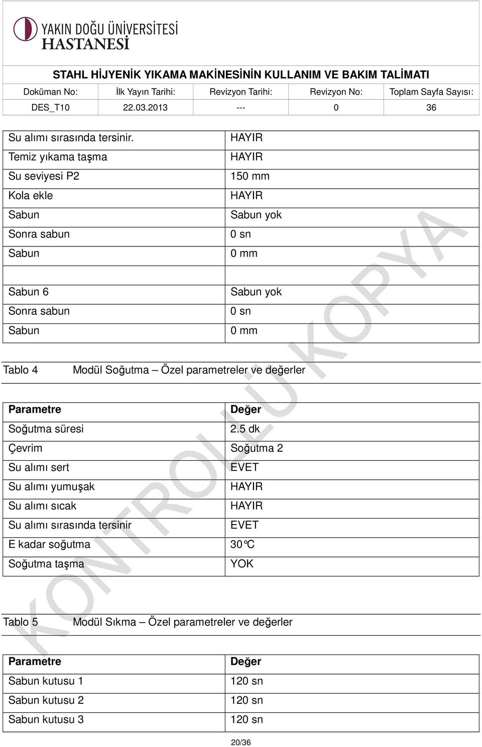 Modül Soğutma Özel parametreler ve değerler Parametre Değer Soğutma süresi 2.