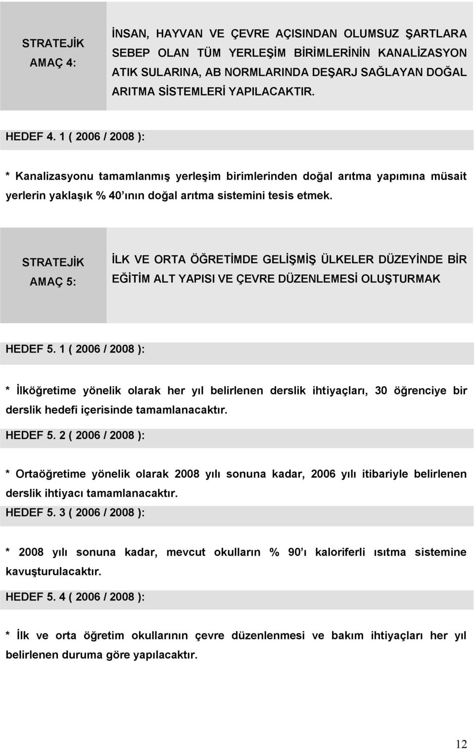 STRATEJİK AMAÇ 5: İLK VE ORTA ÖĞRETİMDE GELİŞMİŞ ÜLKELER DÜZEYİNDE BİR EĞİTİM ALT YAPISI VE ÇEVRE DÜZENLEMESİ OLUŞTURMAK HEDEF 5.