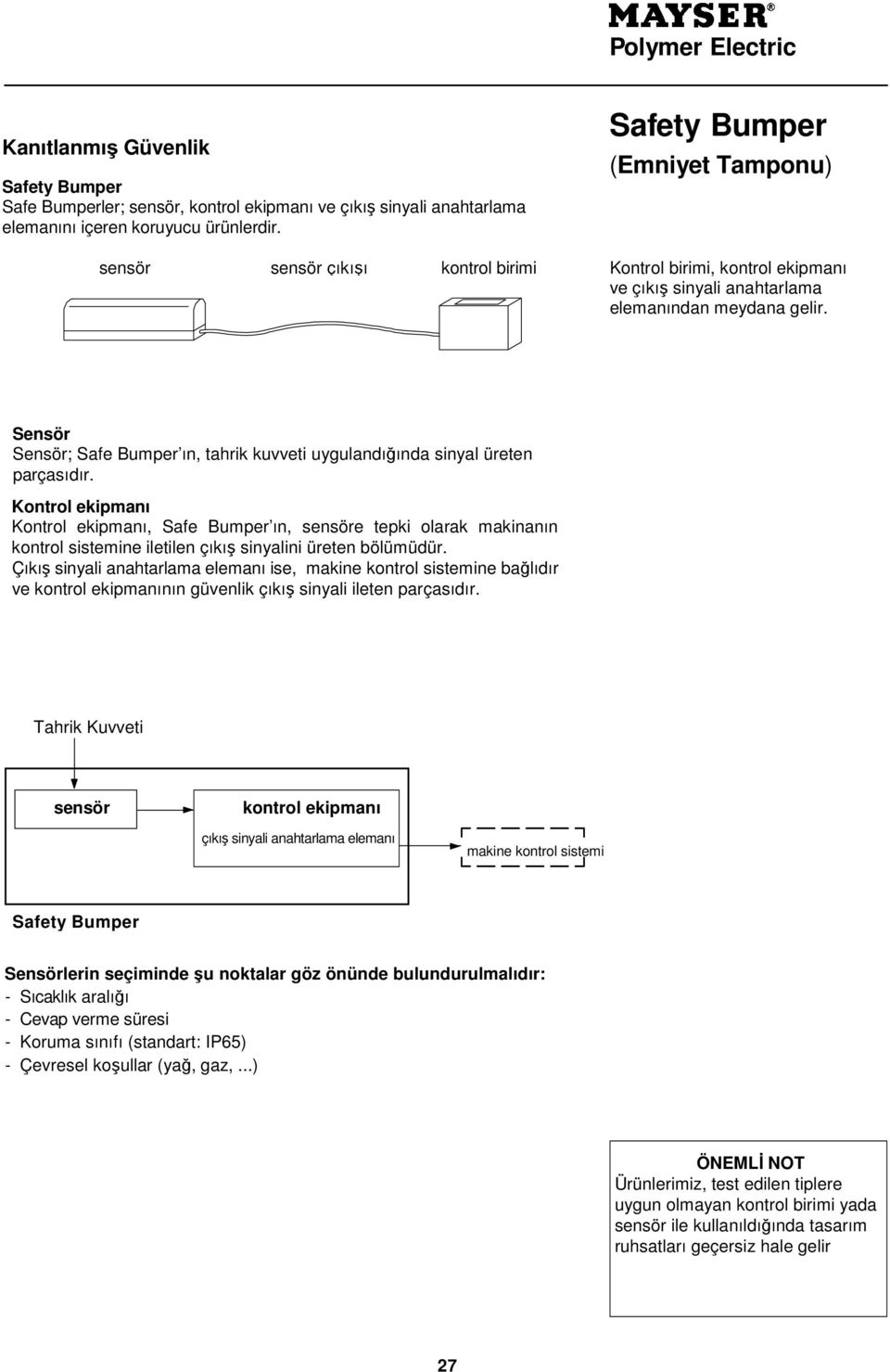 Sensör Sensör; Safe Bumper ın, tahrik kuvveti uygulandığında sinyal üreten parçasıdır.