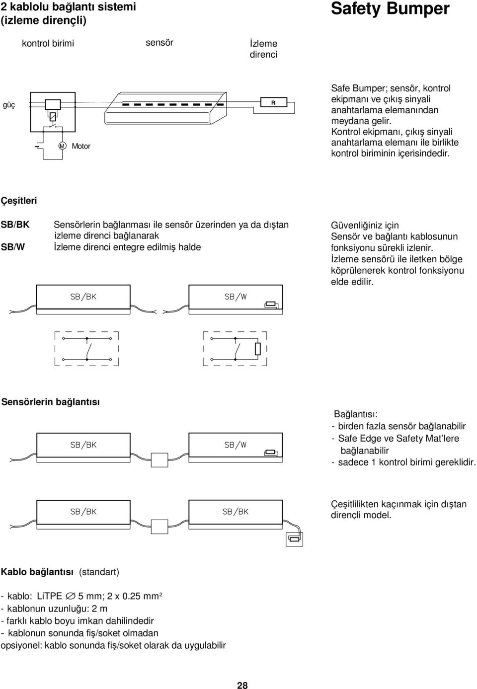 Çeşitleri SB/BK SB/W Sensörlerin bağlanması ile sensör üzerinden ya da dıştan izleme direnci bağlanarak İzleme direnci entegre edilmiş halde Güvenliğiniz için Sensör ve bağlantı kablosunun fonksiyonu