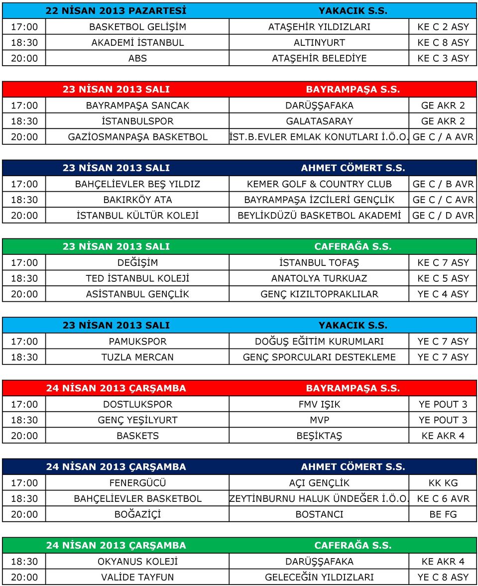 S. 17:00 BAHÇELİEVLER BEŞ YILDIZ KEMER GOLF & COUNTRY CLUB GE C / B AVR 18:30 BAKIRKÖY ATA BAYRAMPAŞA İZCİLERİ GENÇLİK GE C / C AVR 20:00 İSTANBUL KÜLTÜR KOLEJİ BEYLİKDÜZÜ BASKETBOL AKADEMİ GE C / D