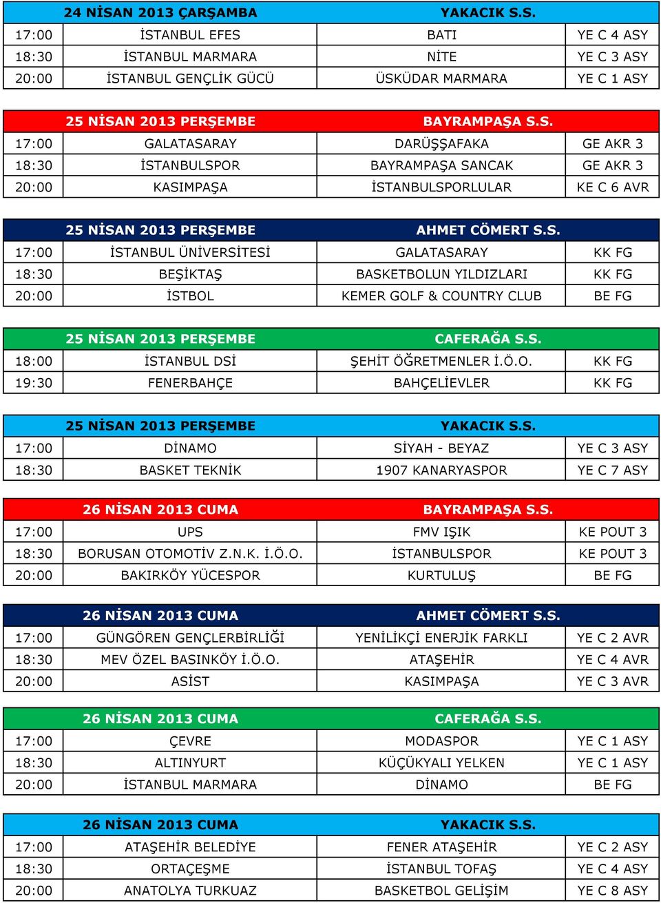 S. 18:00 İSTANBUL DSİ ŞEHİT ÖĞRETMENLER İ.Ö.O. KK FG 19:30 FENERBAHÇE BAHÇELİEVLER KK FG 25 NİSAN 2013 PERŞEMBE YAKACIK S.S. 17:00 DİNAMO SİYAH - BEYAZ YE C 3 ASY 18:30 BASKET TEKNİK 1907 KANARYASPOR YE C 7 ASY 26 NİSAN 2013 CUMA BAYRAMPAŞA S.