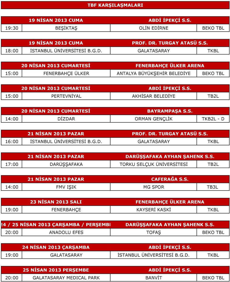 S. 15:00 PERTEVNİYAL AKHİSAR BELEDİYE TB2L 20 NİSAN 2013 CUMARTESİ BAYRAMPAŞA S.S. 14:00 DİZDAR ORMAN GENÇLİK TKB2L - D 21 NİSAN 2013 PAZAR PROF. DR. TURGAY ATASÜ S.S. 16:00 İSTANBUL ÜNİVERSİTESİ B.G.D. GALATASARAY TKBL 21 NİSAN 2013 PAZAR DARÜŞŞAFAKA AYHAN ŞAHENK S.