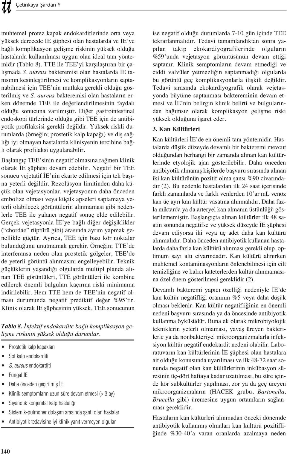 aureus bakteremisi olan hastalarda İE tan s n n kesinleştirilmesi ve komplikasyonlar n saptanabilmesi için TEE nin mutlaka gerekli olduğu gösterilmiş ve S.