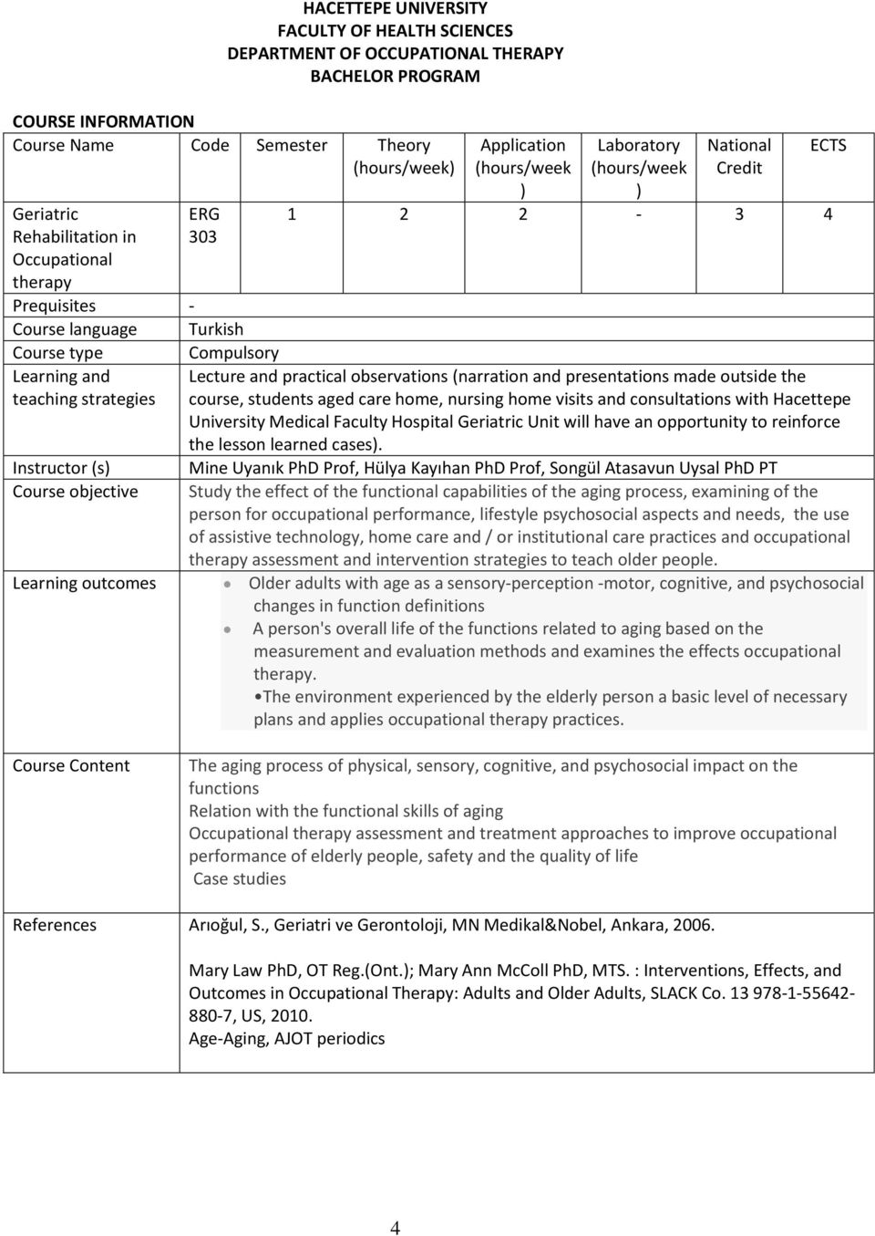 Laboratory (hours/week ) National Credit 1 2 2-3 4 ECTS Lecture and practical observations (narration and presentations made outside the course, students aged care home, nursing home visits and