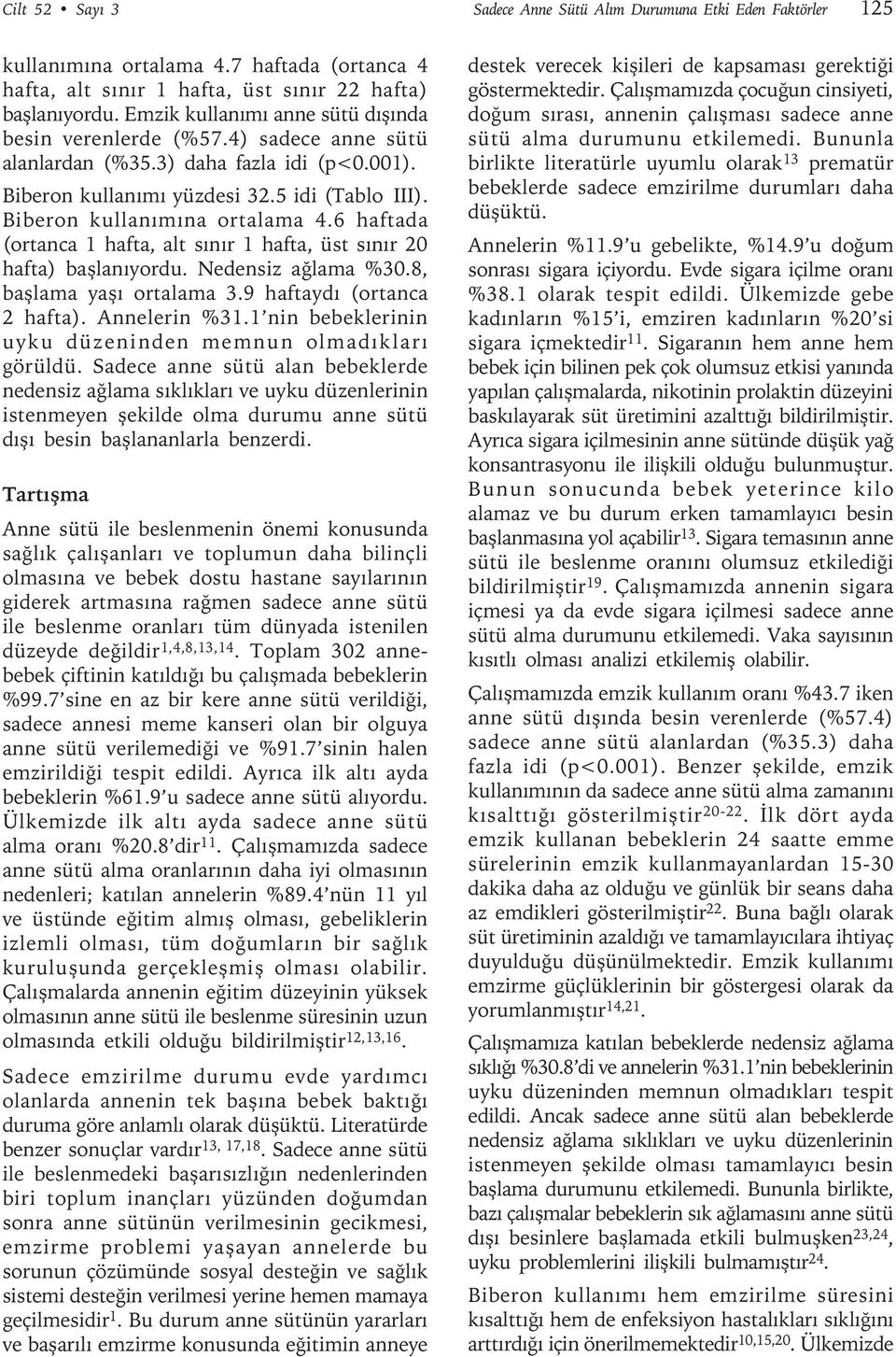 6 haftada (ortanca 1 hafta, alt sınır 1 hafta, üst sınır 20 hafta) başlanıyordu. Nedensiz ağlama %30.8, başlama yaşı ortalama 3.9 haftaydı (ortanca 2 hafta). Annelerin %31.