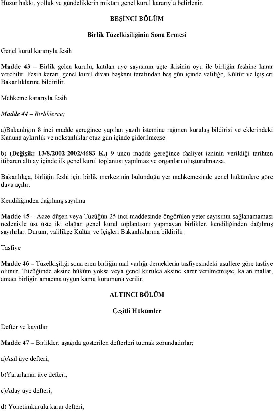 Fesih kararı, genel kurul divan başkanı tarafından beş gün içinde valiliğe, Kültür ve İçişleri Bakanlıklarına bildirilir.