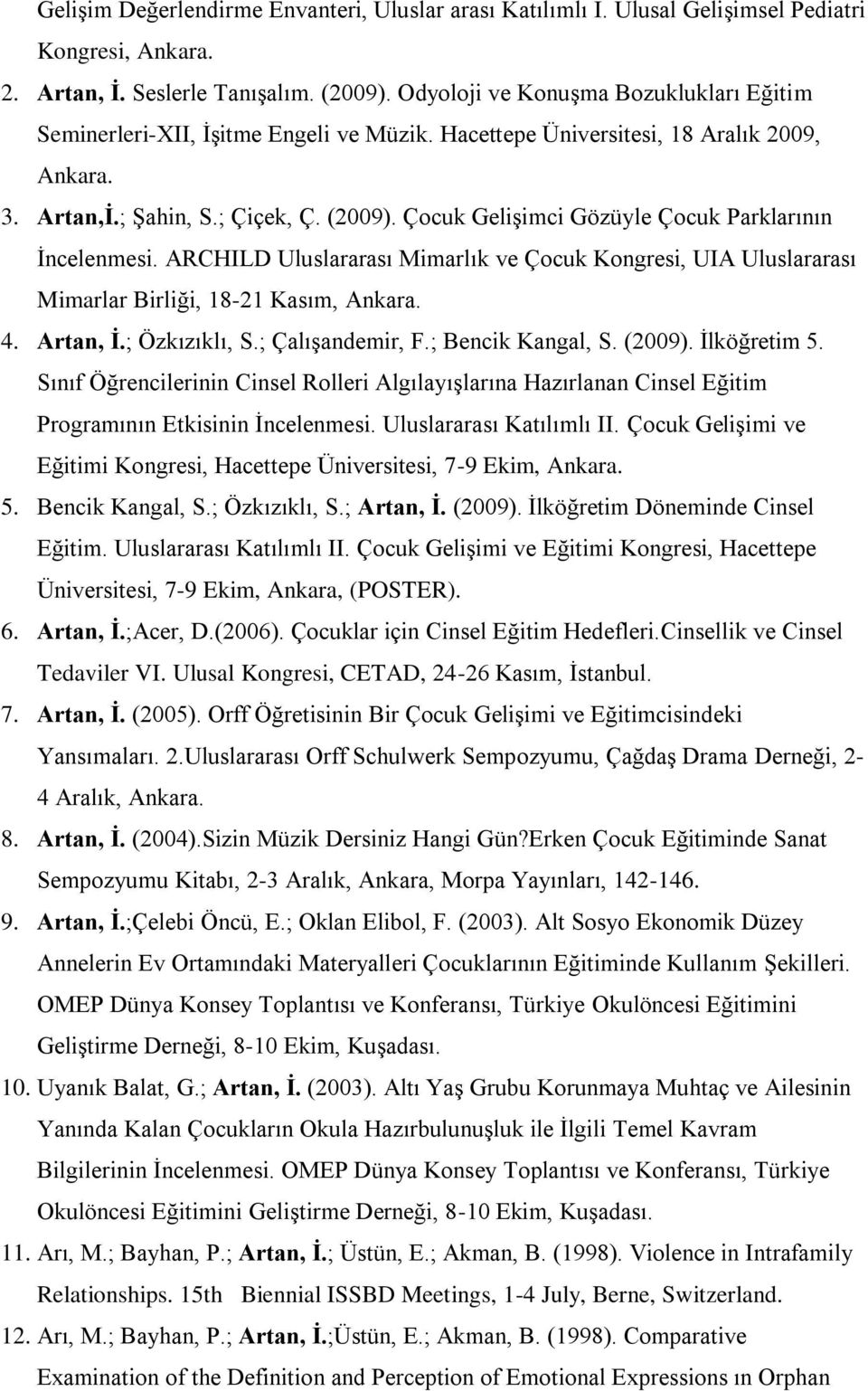 Çocuk Gelişimci Gözüyle Çocuk Parklarının İncelenmesi. ARCHILD Uluslararası Mimarlık ve Çocuk Kongresi, UIA Uluslararası Mimarlar Birliği, 18-21 Kasım, Ankara. 4. Artan, Ġ.; Özkızıklı, S.