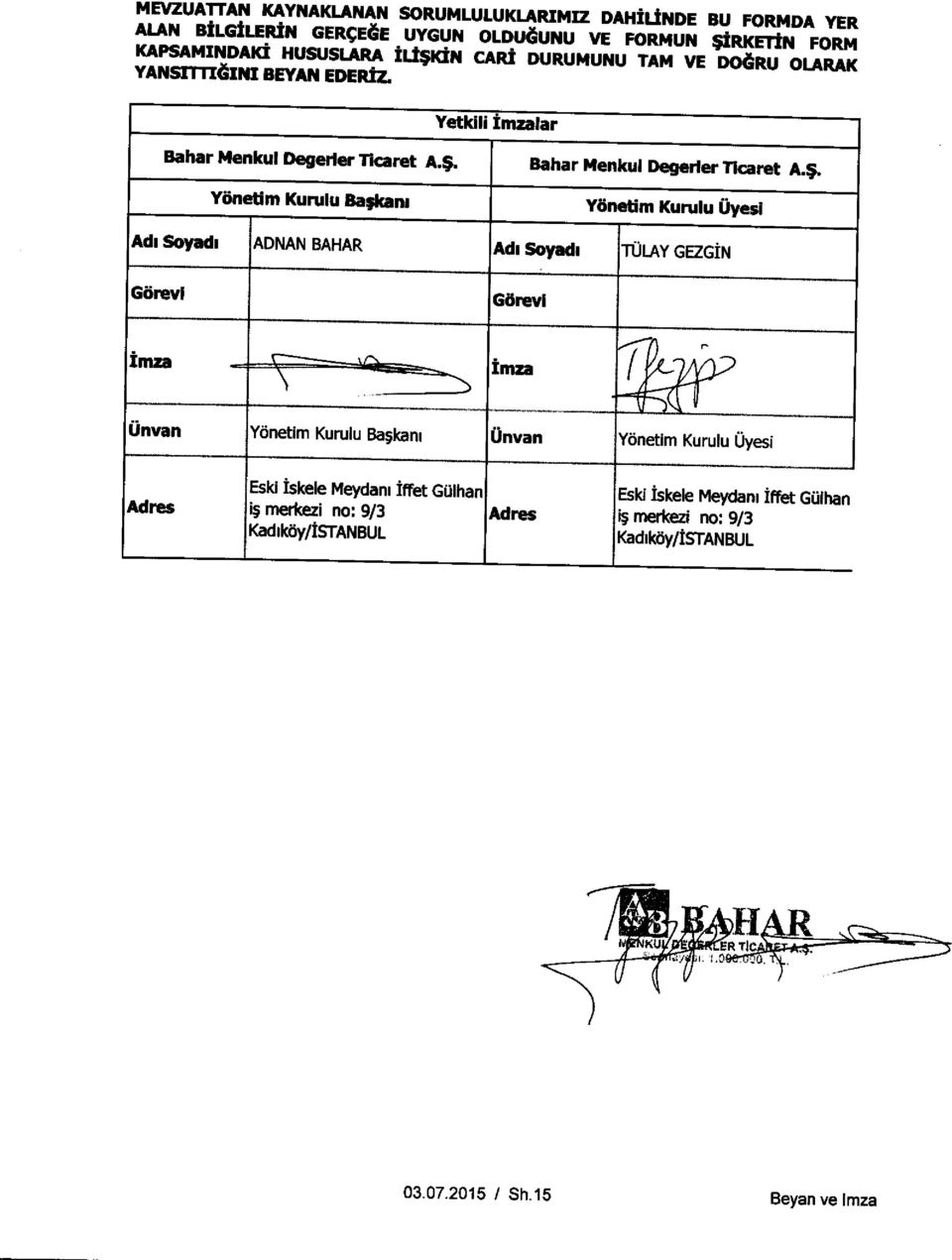 Yonetim Kurulu Uyesi Adi Soyadi ADNAN BAHAR Adi Soyadi TULAY GEZGIN Gorevi Gorevi Imza lmza Unvan Yonetim Kurulu Ba;kam Unvan Yonetim Kurulu Uyesi Adres Eski