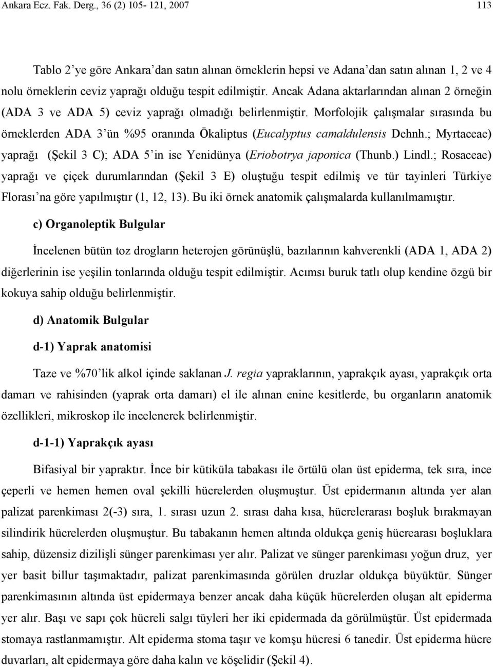 Morfolojik çalışmalar sırasında bu örneklerden ADA 3 ün %95 oranında Ökaliptus (Eucalyptus camaldulensis Dehnh.; Myrtaceae) yaprağı (Şekil 3 C); ADA 5 in ise Yenidünya (Eriobotrya japonica (Thunb.