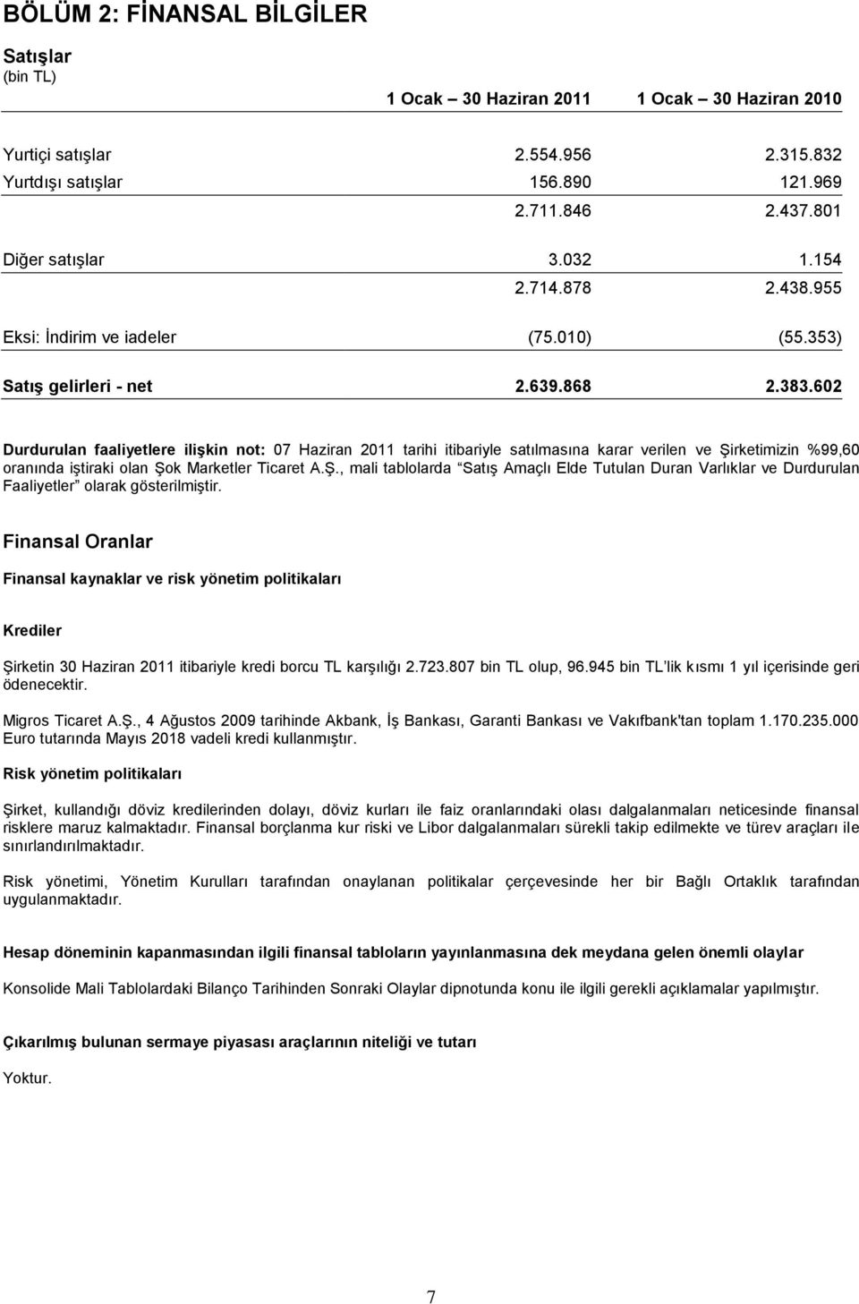 602 Durdurulan faaliyetlere iliģkin not: 07 Haziran 2011 tarihi itibariyle satılmasına karar verilen ve Şi