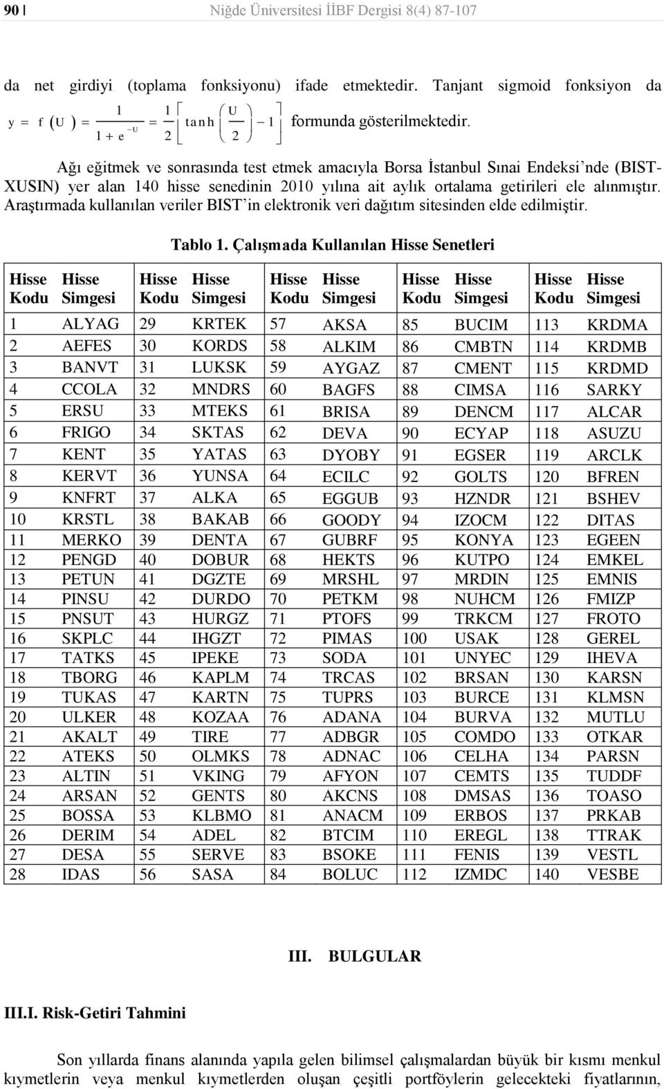 Araştırmada kullanılan veriler BIST in elektronik veri dağıtım sitesinden elde edilmiştir. Kodu Simgesi Kodu Tablo 1.