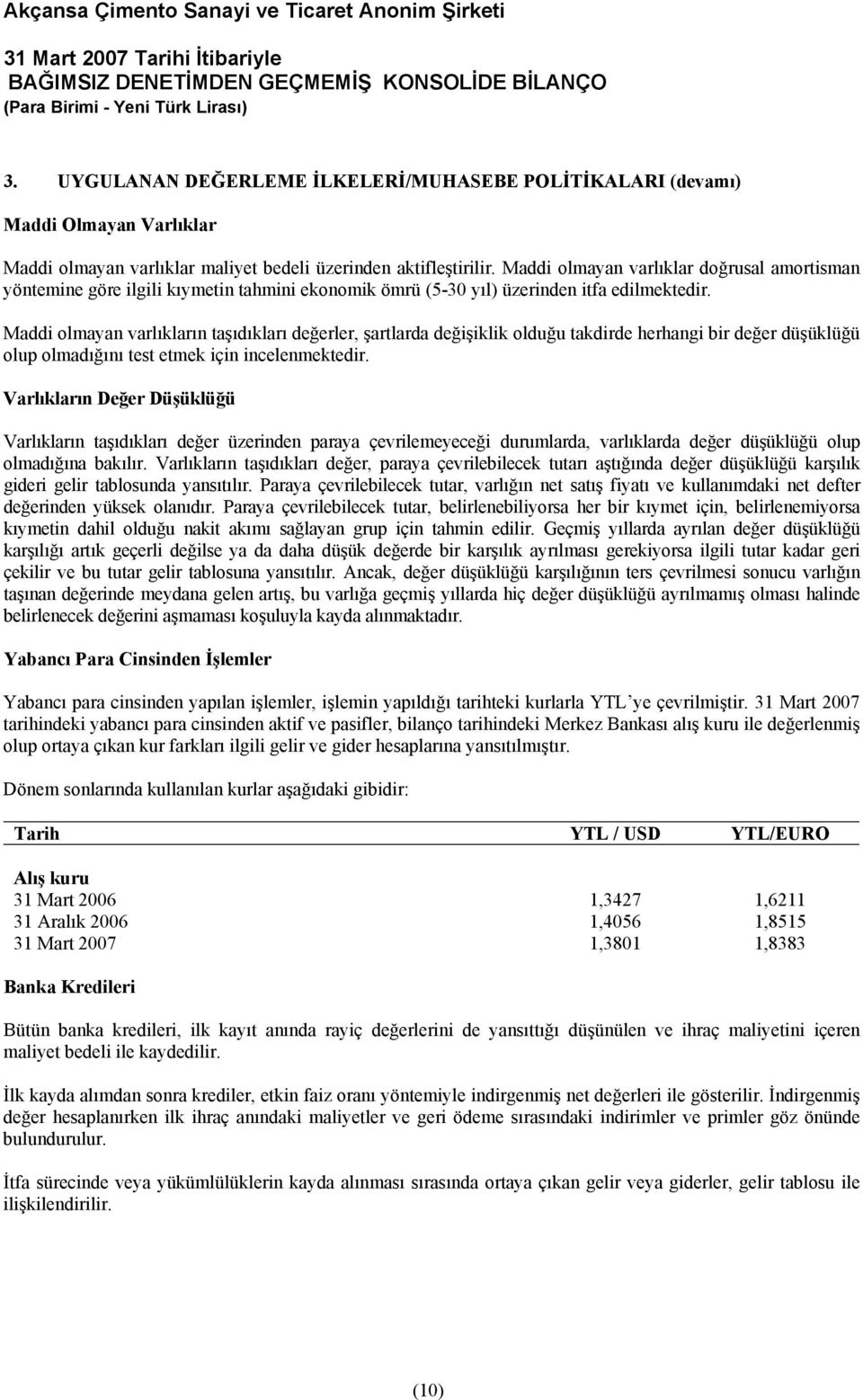 Maddi olmayan varlıkların taşıdıkları değerler, şartlarda değişiklik olduğu takdirde herhangi bir değer düşüklüğü olup olmadığını test etmek için incelenmektedir.