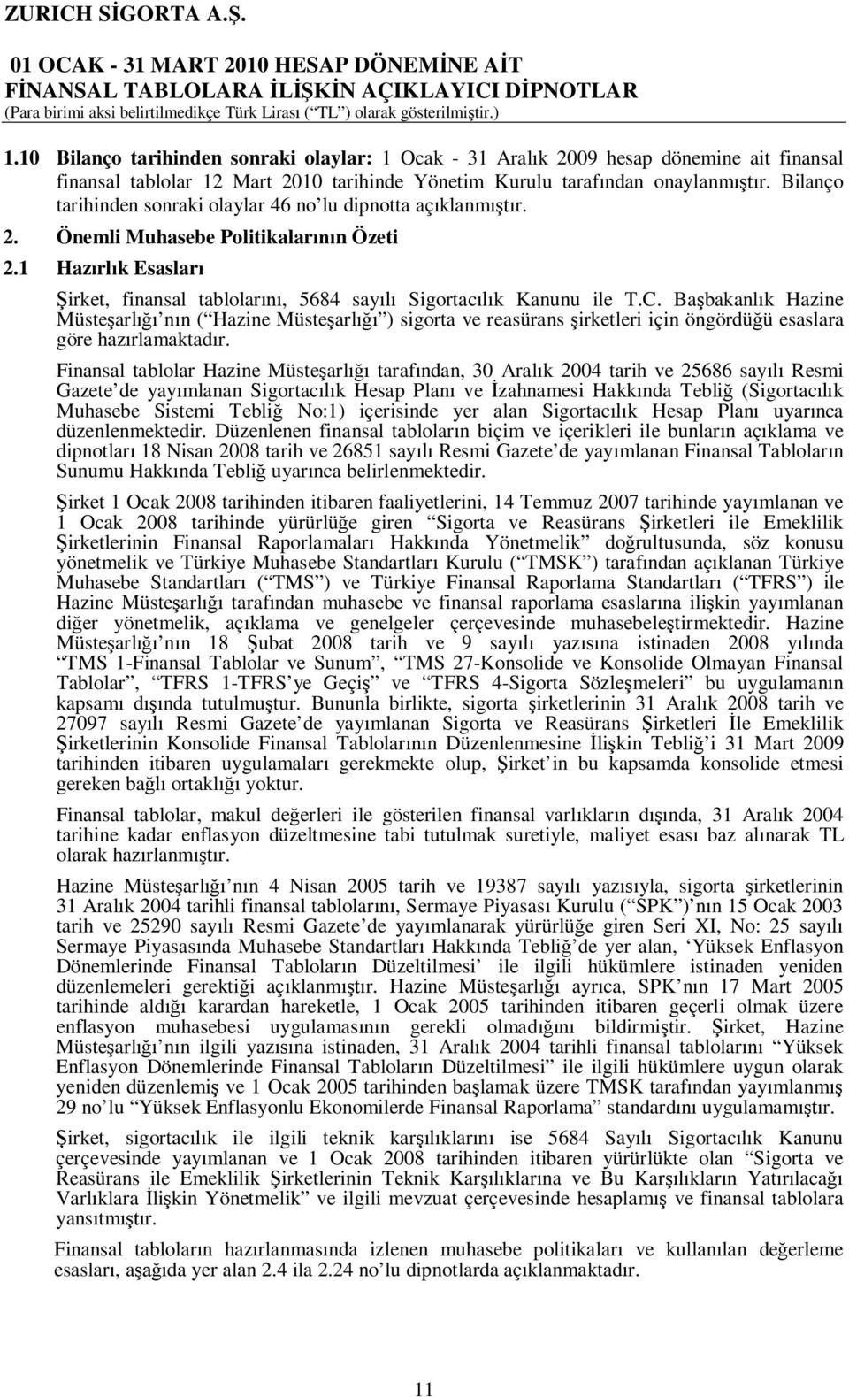 Bilanço tarihinden sonraki olaylar 46 no lu dipnotta aç klanm r. 2. Önemli Muhasebe Politikalar n Özeti 2.1 Haz rl k Esaslar irket, finansal tablolar, 5684 say Sigortac k Kanunu ile T.C.