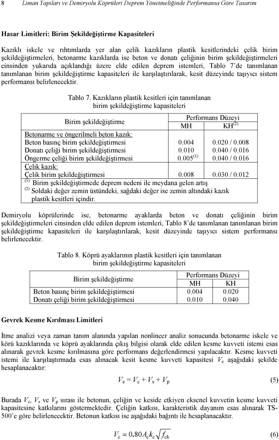 de tanımlanan tanımlanan birim şekildeğiştirme kapasiteleri ile karşılaştırılarak, kesit düzeyinde taşıyıcı sistem performansı belirlenecektir. Tablo 7.