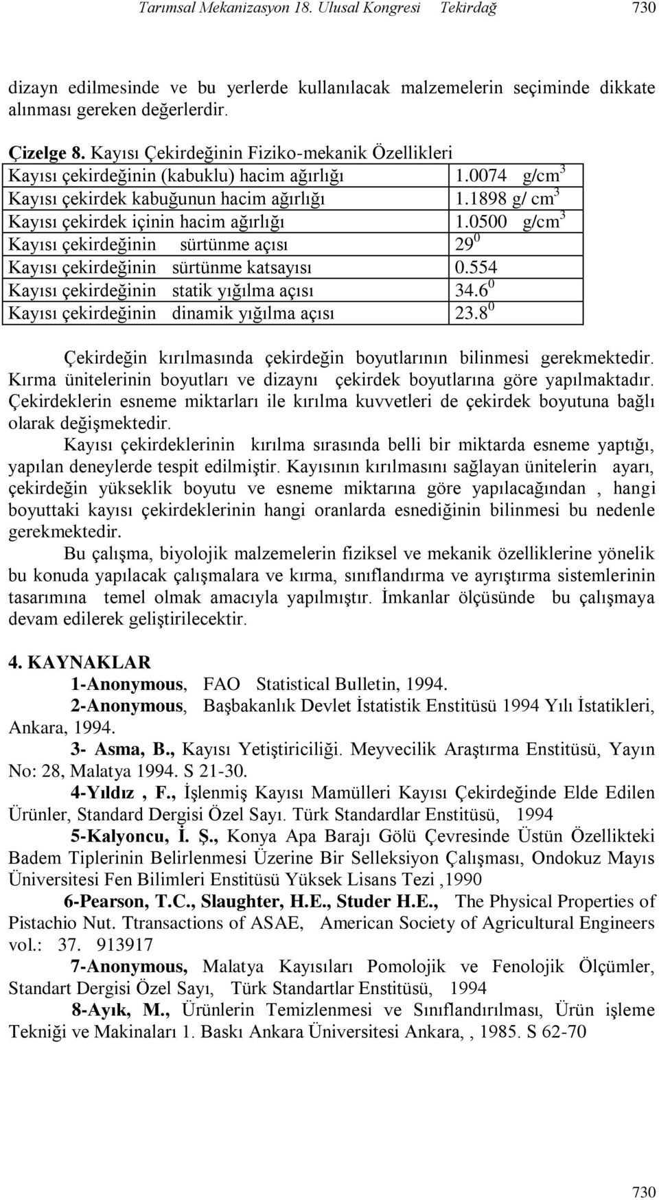 1898 g/ cm 3 Kayısı çekirdek içinin hacim ağırlığı 1.0500 g/cm 3 Kayısı çekirdeğinin sürtünme açısı 29 0 Kayısı çekirdeğinin sürtünme katsayısı 0.554 Kayısı çekirdeğinin statik yığılma açısı 34.