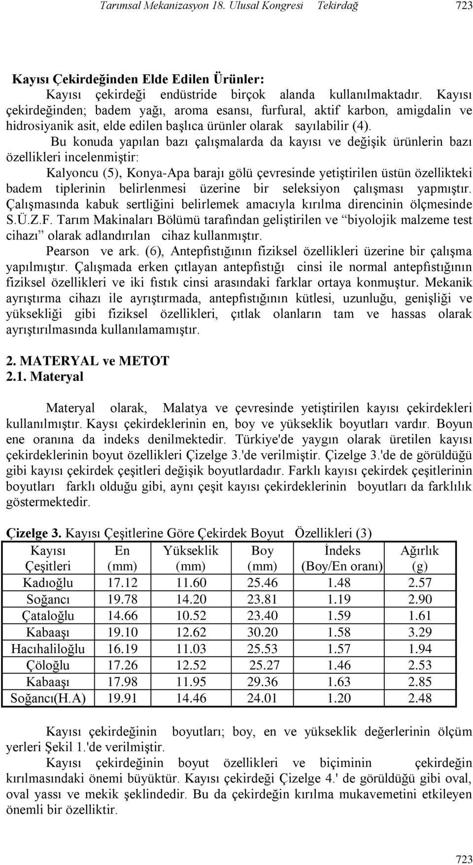 Bu konuda yapılan bazı çalışmalarda da kayısı ve değişik ürünlerin bazı özellikleri incelenmiştir: Kalyoncu (5), Konya-Apa barajı gölü çevresinde yetiştirilen üstün özellikteki badem tiplerinin