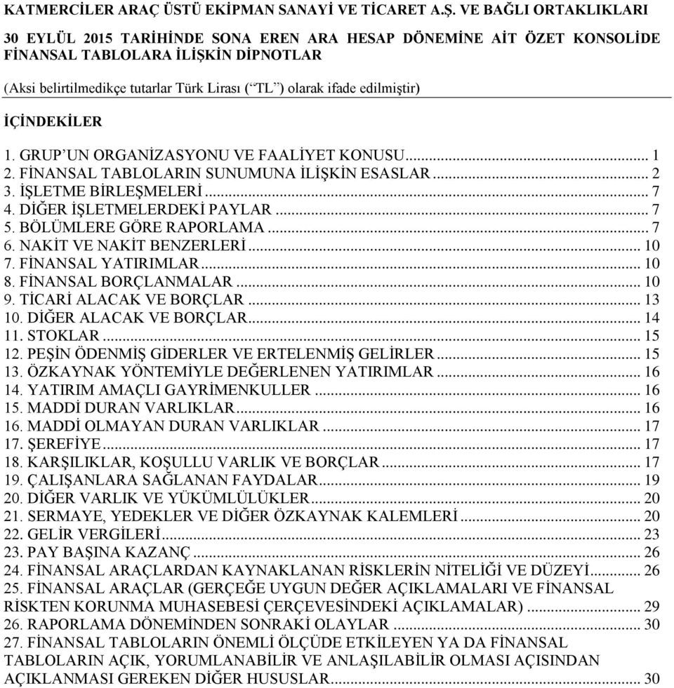 STOKLAR... 15 12. PEŞİN ÖDENMİŞ GİDERLER VE ERTELENMİŞ GELİRLER... 15 13. ÖZKAYNAK YÖNTEMİYLE DEĞERLENEN YATIRIMLAR... 16 14. YATIRIM AMAÇLI GAYRİMENKULLER... 16 15. MADDİ DURAN VARLIKLAR... 16 16.