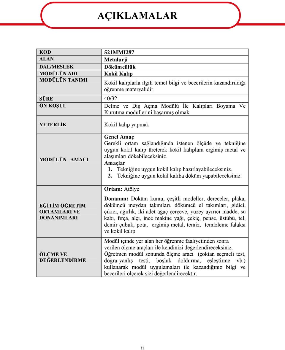 SÜRE 40/32 ÖN KOġUL Delme ve DiĢ Açma Modülü Ġle Kalıpları Boyama Ve Kurutma modüllerini baģarmıģ olmak YETERLĠK MODÜLÜN AMACI EĞĠTĠM ÖĞRETĠM ORTAMLARI VE DONANIMLARI ÖLÇME VE DEĞERLENDĠRME Kokil