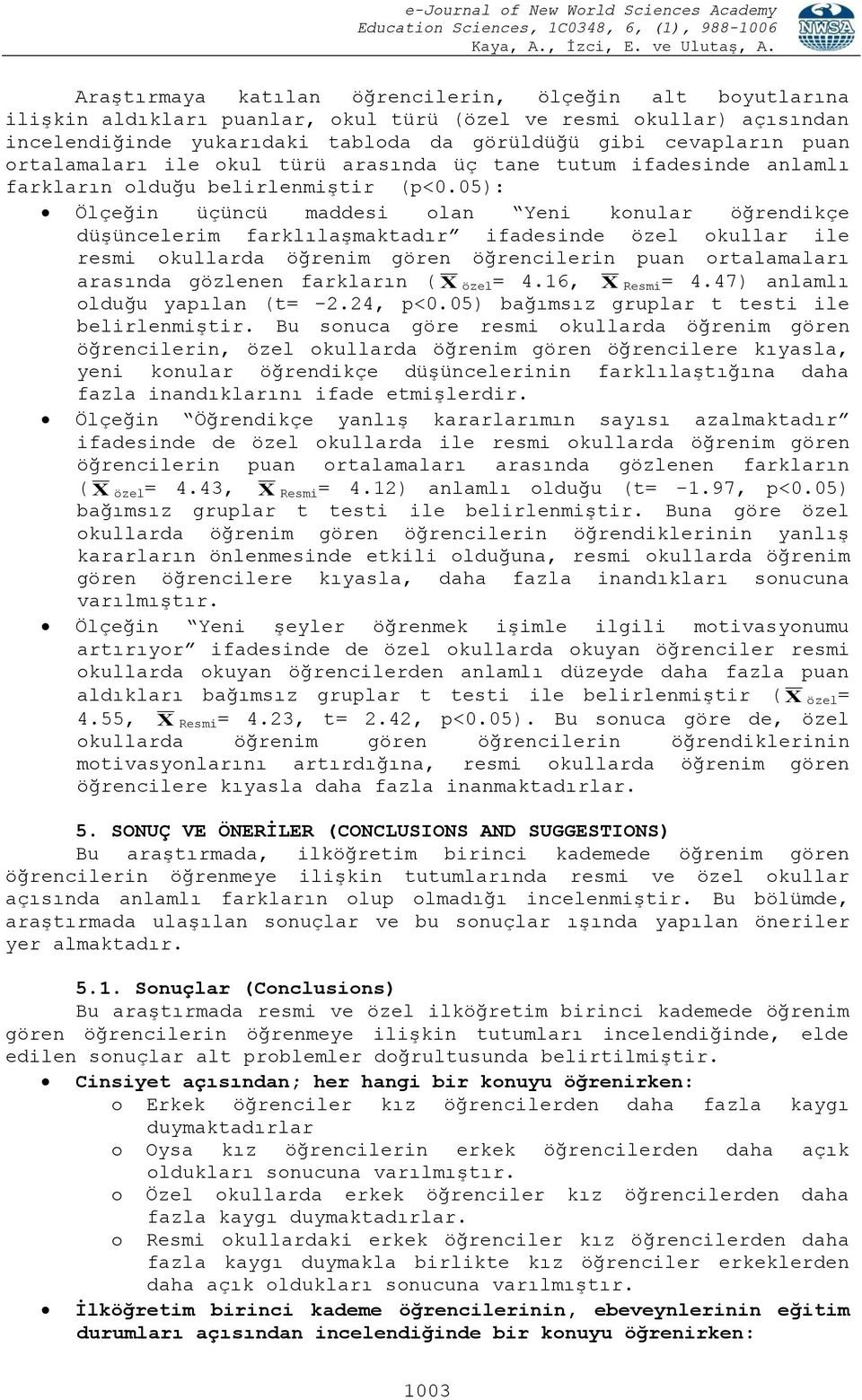 05): Ölçeğin üçüncü maddesi olan Yeni konular öğrendikçe düşüncelerim farklılaşmaktadır ifadesinde özel okullar ile resmi okullarda öğrenim gören öğrencilerin puan ortalamaları arasında gözlenen