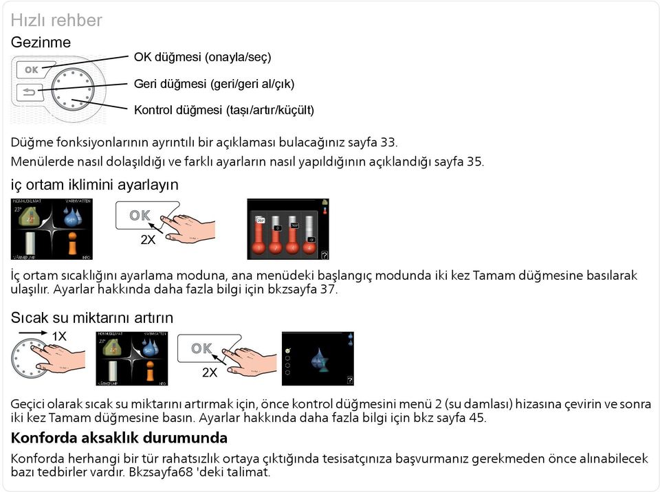 iç ortam iklimini ayarlayın 2X İç ortam sıcaklığını ayarlama moduna, ana menüdeki başlangıç modunda iki kez Tamam düğmesine basılarak ulaşılır. Ayarlar hakkında daha fazla bilgi için bkzsayfa 37.