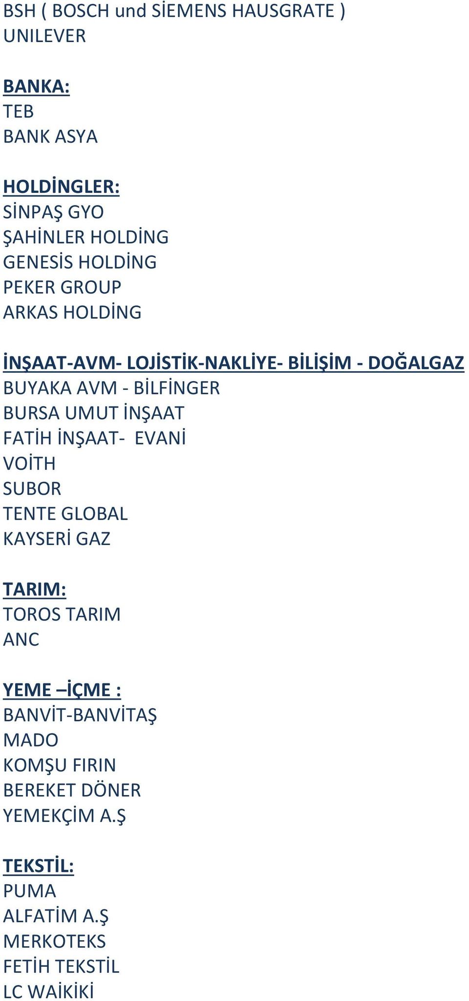 BİLFİNGER BURSA UMUT İNŞAAT FATİH İNŞAAT- EVANİ VOİTH SUBOR TENTE GLOBAL KAYSERİ GAZ TARIM: TOROS TARIM ANC YEME