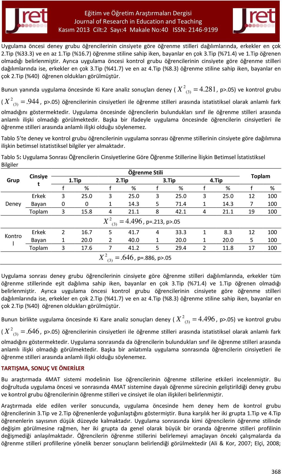 Ayrıca uygulama öncesi kontrol grubu öğrencilerinin cinsiyete göre öğrenme stilleri dağılımlarında ise, erkekler en çok 3.Tip (%41.7) ve en az 4.Tip (%8.3) öğrenme stiline sahip iken, bayanlar en çok.