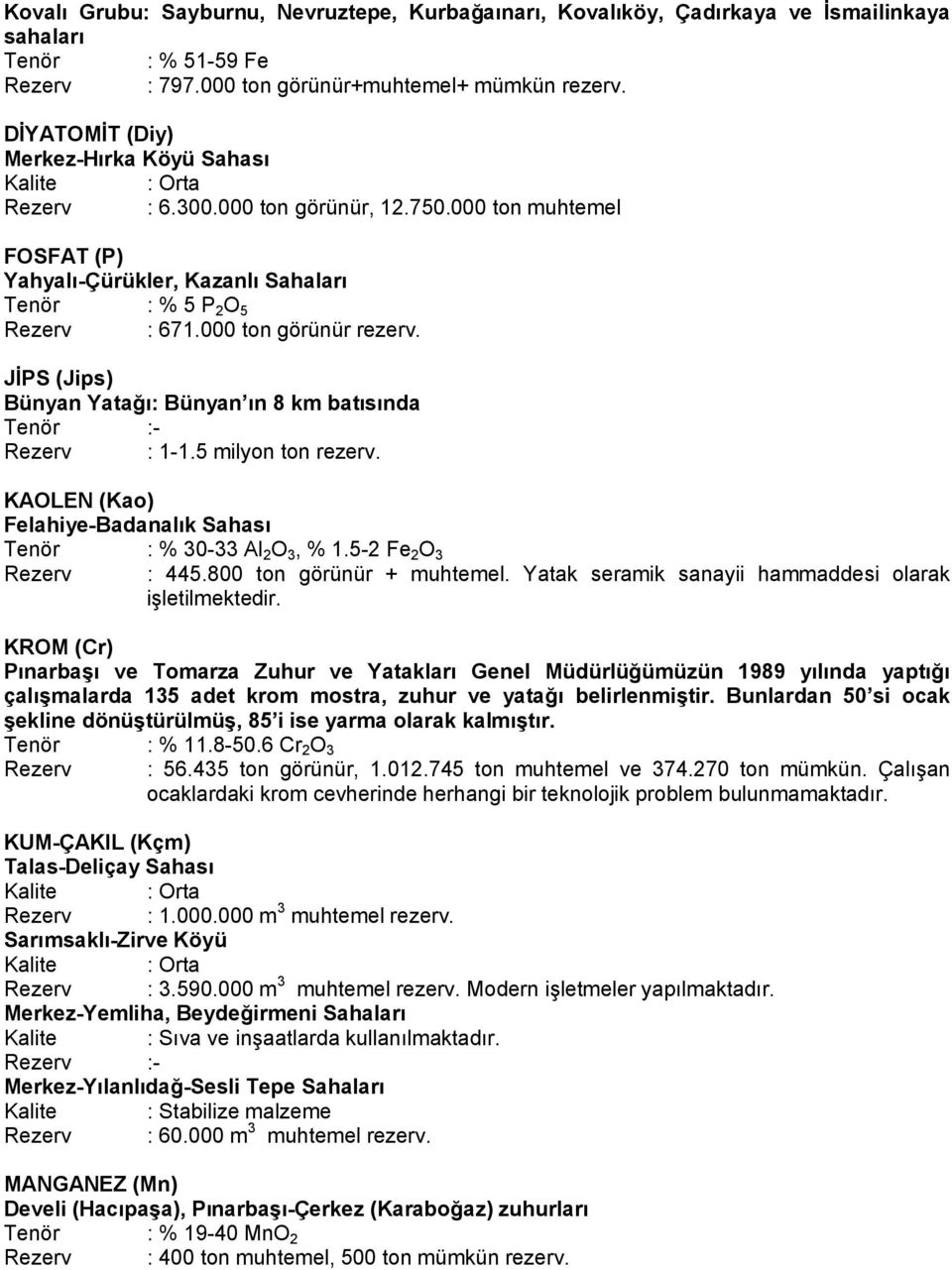 000 ton görünür rezerv. JİPS (Jips) Bünyan Yatağı: Bünyan ın 8 km batısında Tenör :- Rezerv : 1-1.5 milyon ton rezerv. KAOLEN (Kao) Felahiye-Badanalık Sahası Tenör : % 30-33 Al 2 O 3, % 1.