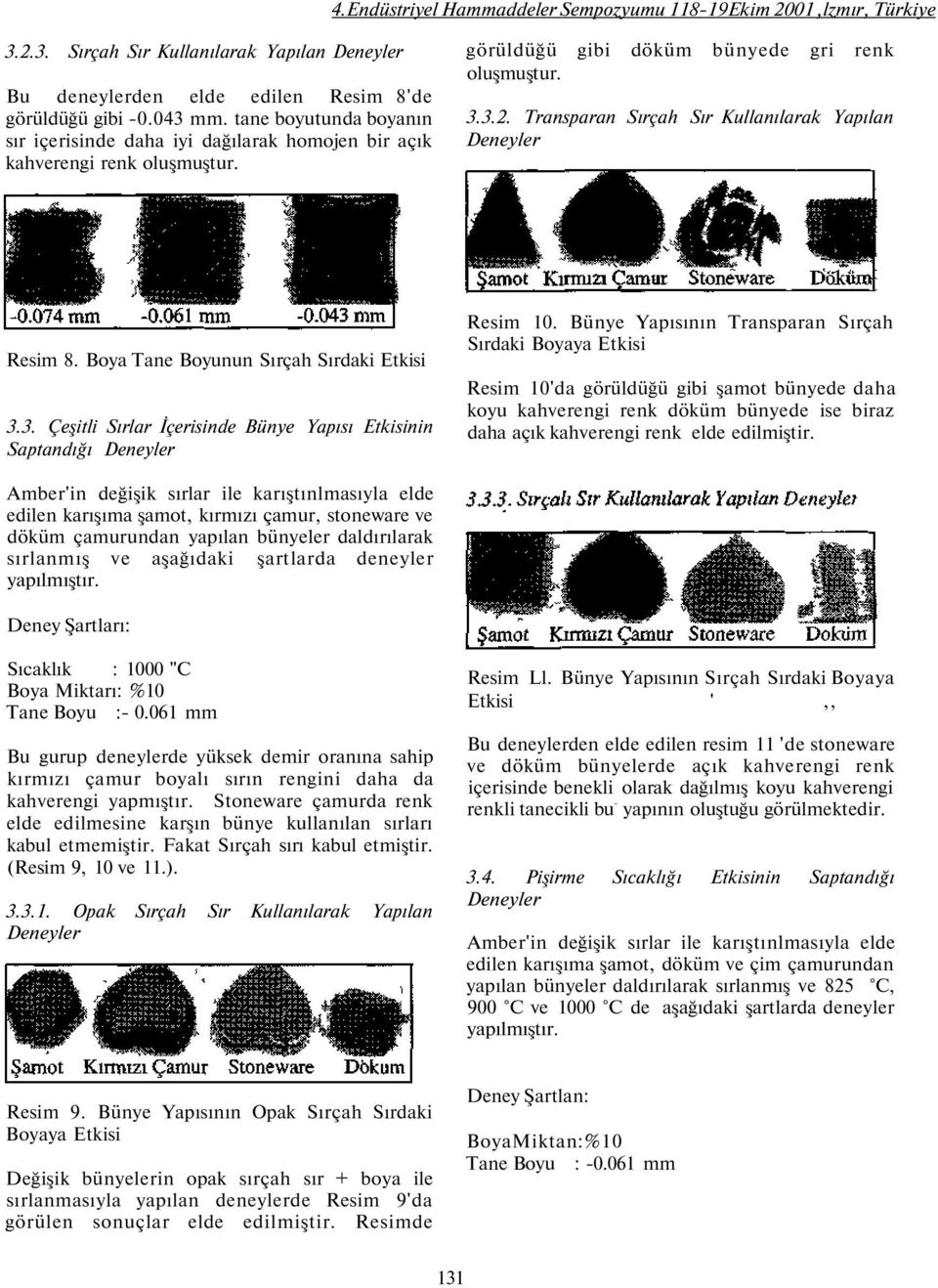 Transparan Sırçah Sır Kullanılarak Yapılan Resim 8. Boya Tane Boyunun Sırçah Sırdaki Etkisi 3.3. Çeşitli Sırlar İçerisinde Bünye Yapısı Etkisinin Saptandığı Resim 10.