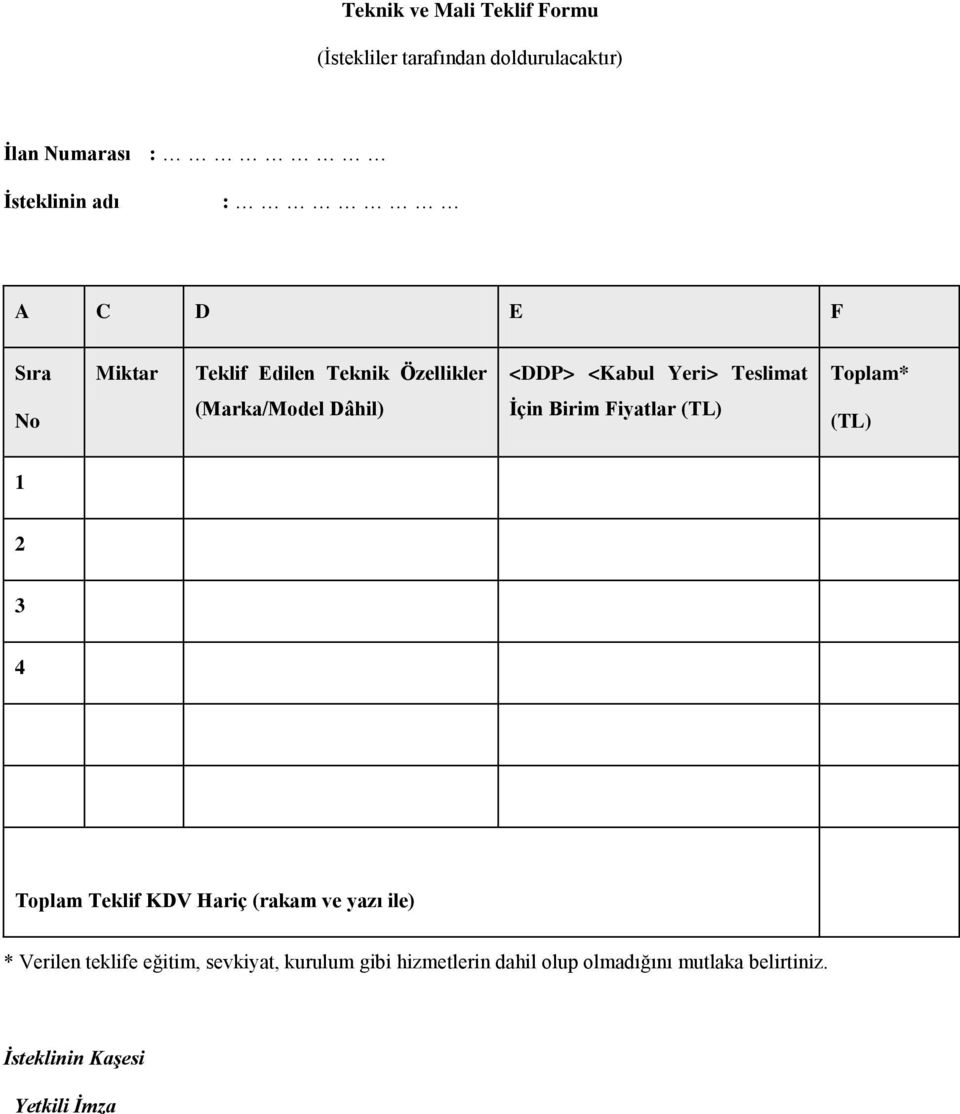 İçin Birim Fiyatlar (TL) (TL) 1 2 3 4 Toplam Teklif KDV Hariç (rakam ve yazı ile) * Verilen teklife eğitim,