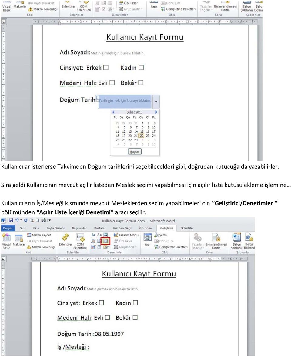 Sıra geldi Kullanıcınınn mevcut açılır listeden Meslek seçimi yapabilmesi için açılır liste