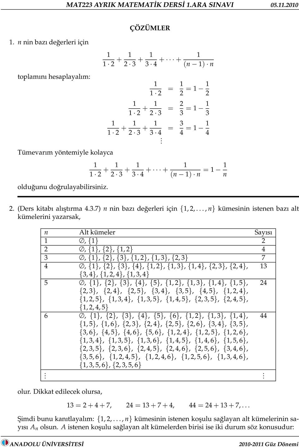 .., } ümesii istee bazı alt ümelerii yazarsa, Alt ümeler Sayısı, {}, {}, {}, {, } 4 3, {}, {}, {3}, {, }, {, 3}, {, 3} 7 4, {}, {}, {3}, {4}, {, }, {, 3}, {, 4}, {, 3}, {, 4}, 3 {3, 4}, {,, 4},{, 3,