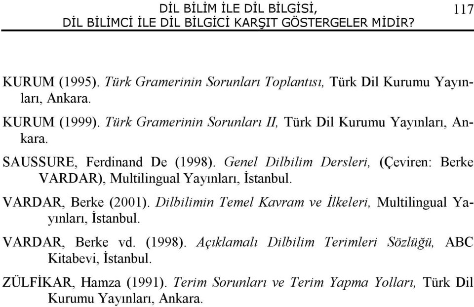 SAUSSURE, Ferdinand De (1998). Genel Dilbilim Dersleri, (Çeviren: Berke VARDAR), Multilingual Yayınları, İstanbul. VARDAR, Berke (2001).