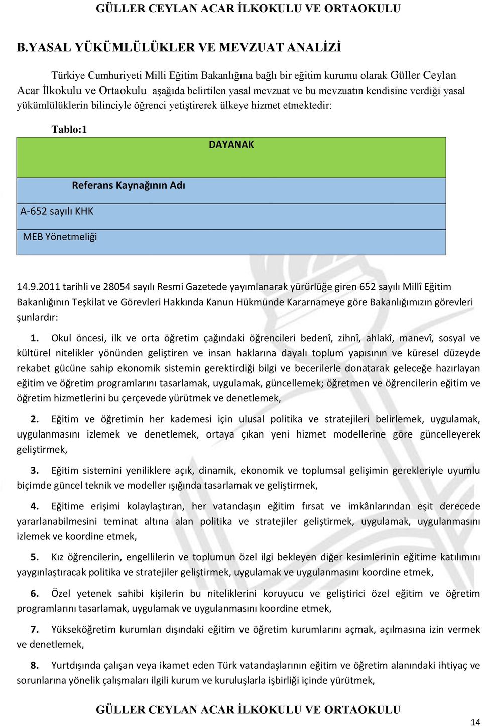 2011 tarihli ve 28054 sayılı Resmi Gazetede yayımlanarak yürürlüğe giren 652 sayılı Millî Eğitim Bakanlığının Teşkilat ve Görevleri Hakkında Kanun Hükmünde Kararnameye göre Bakanlığımızın görevleri