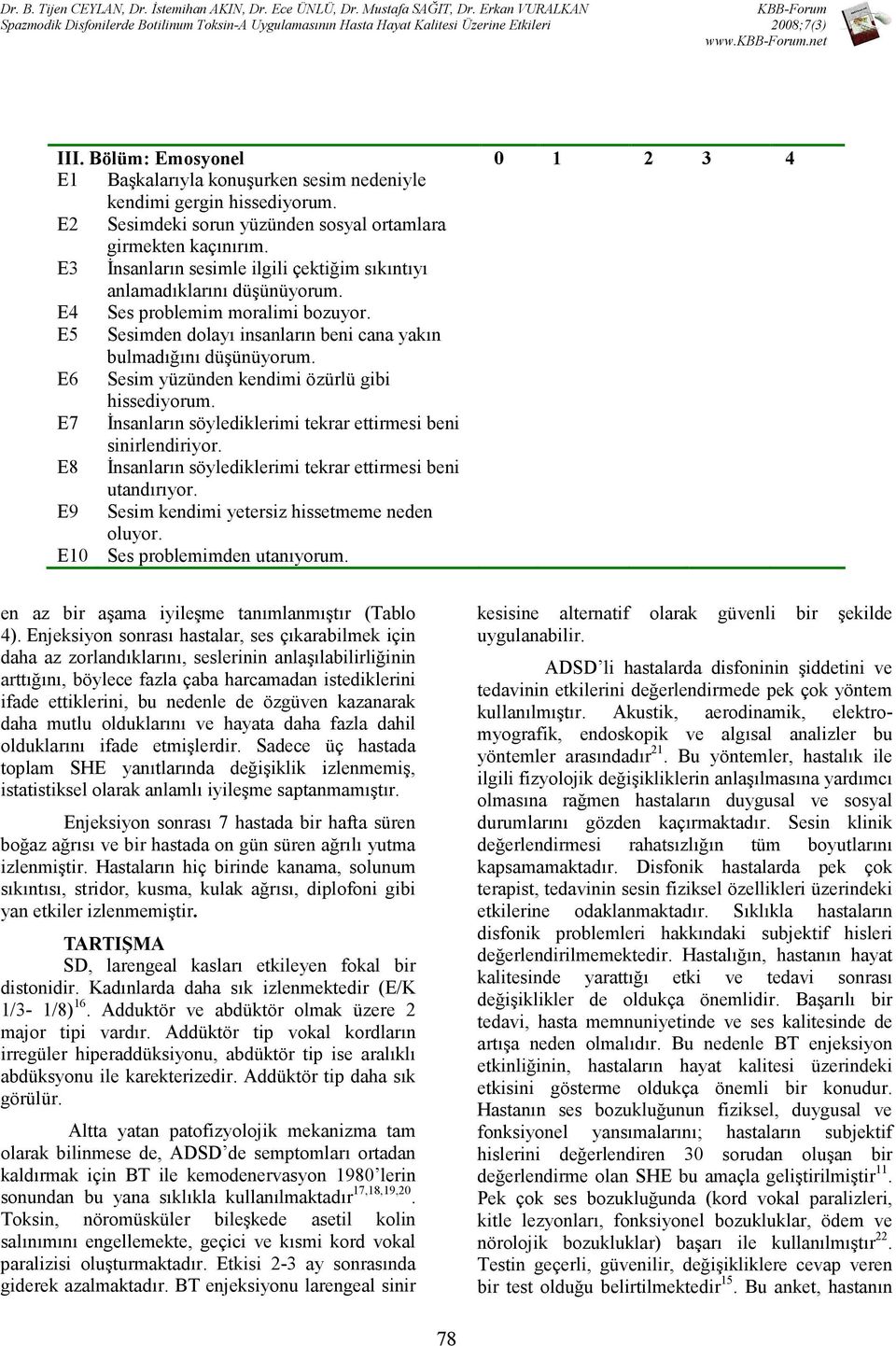 E6 Sesim yüzünden kendimi özürlü gibi hissediyorum. E7 Đnsanların söylediklerimi tekrar ettirmesi beni sinirlendiriyor. E8 Đnsanların söylediklerimi tekrar ettirmesi beni utandırıyor.