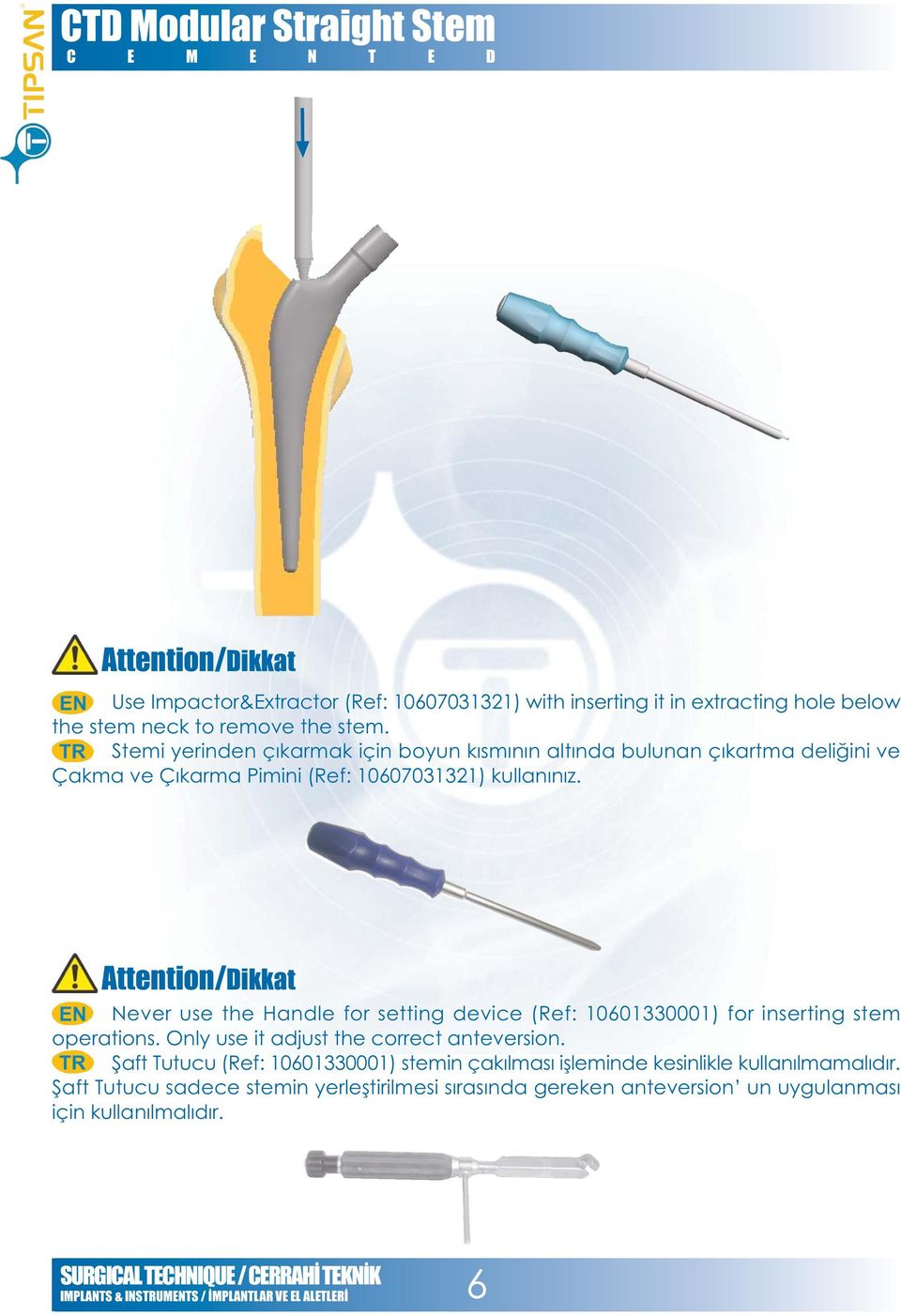 Attention/Dikkat Never use the Handle for setting device (Ref: 10601330001) for inserting stem operations. Only use it adjust the correct anteversion.